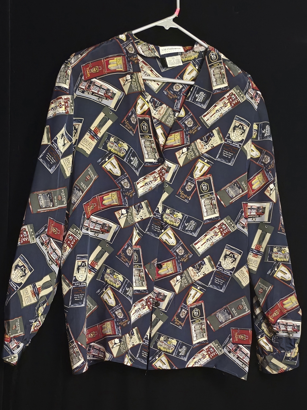 #19 Vintage Liz Claiborne Collection Silk Matchbook Novelty Print Blouse Size 14